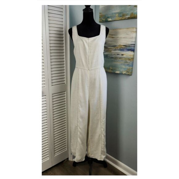 NWT Sugarlips White w/ Blue Stich Linen Blend Wide Leg Jumpsuit Size Large - Picture 1 of 11